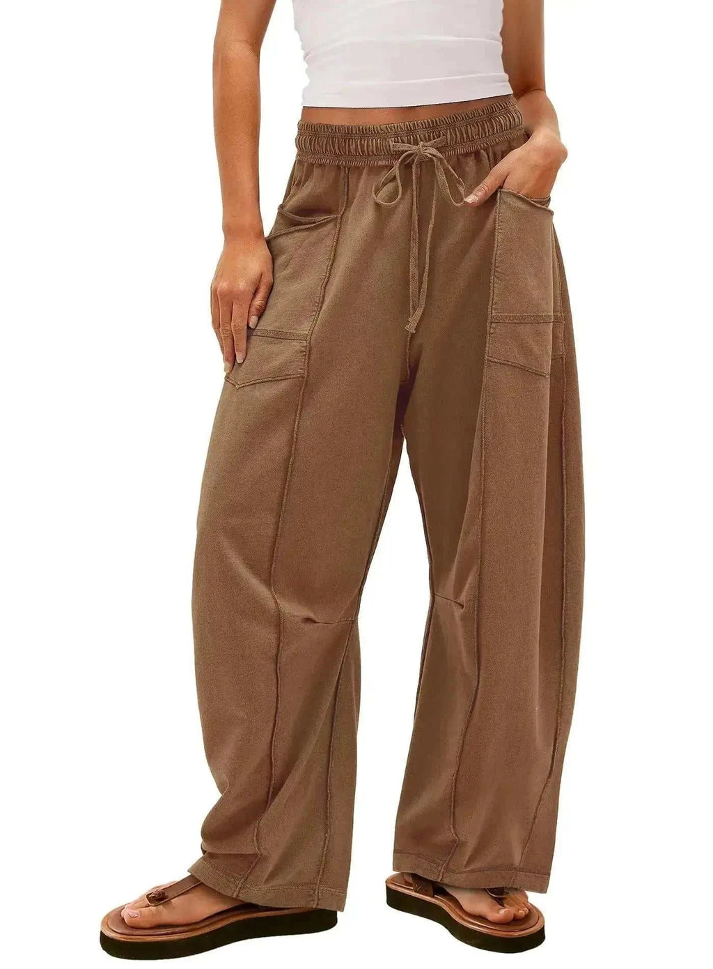 Barrel Pants Womens Drawstring Contrast Color Barrel Pants Brown