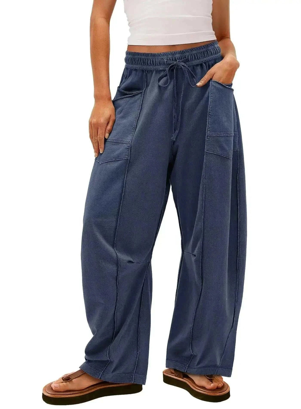 Barrel Pants Womens Drawstring Contrast Color Barrel Pants Dark Blue