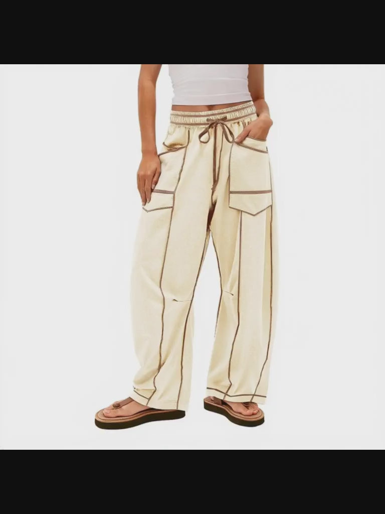 Women’s Drawstring Contrast Color Barrel Pants – Creamy White
