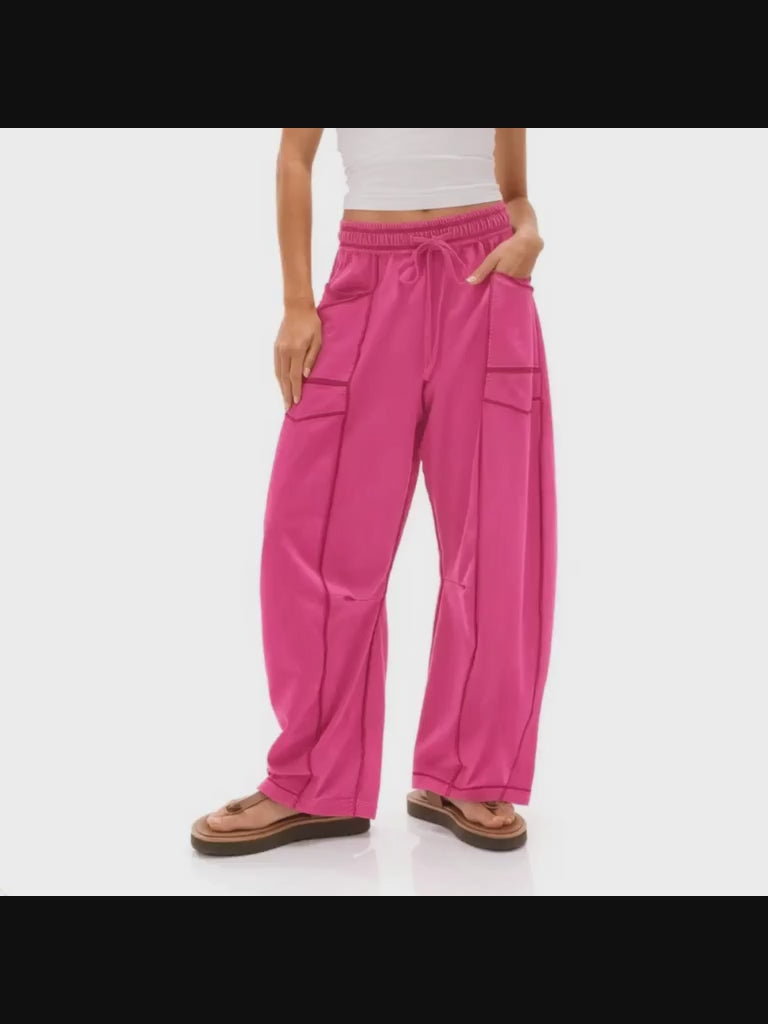 Barrel Pants Womens Drawstring Contrast Color Barrel Pants Dark Pink