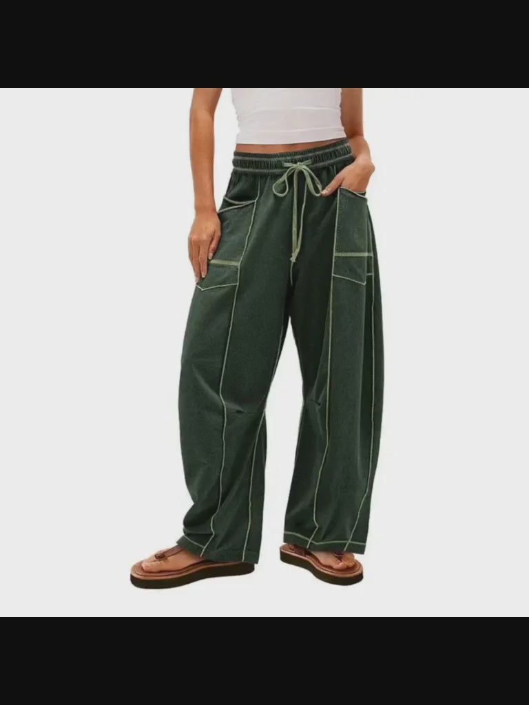 Women’s Drawstring Contrast Color Barrel Pants – Dark Army Green